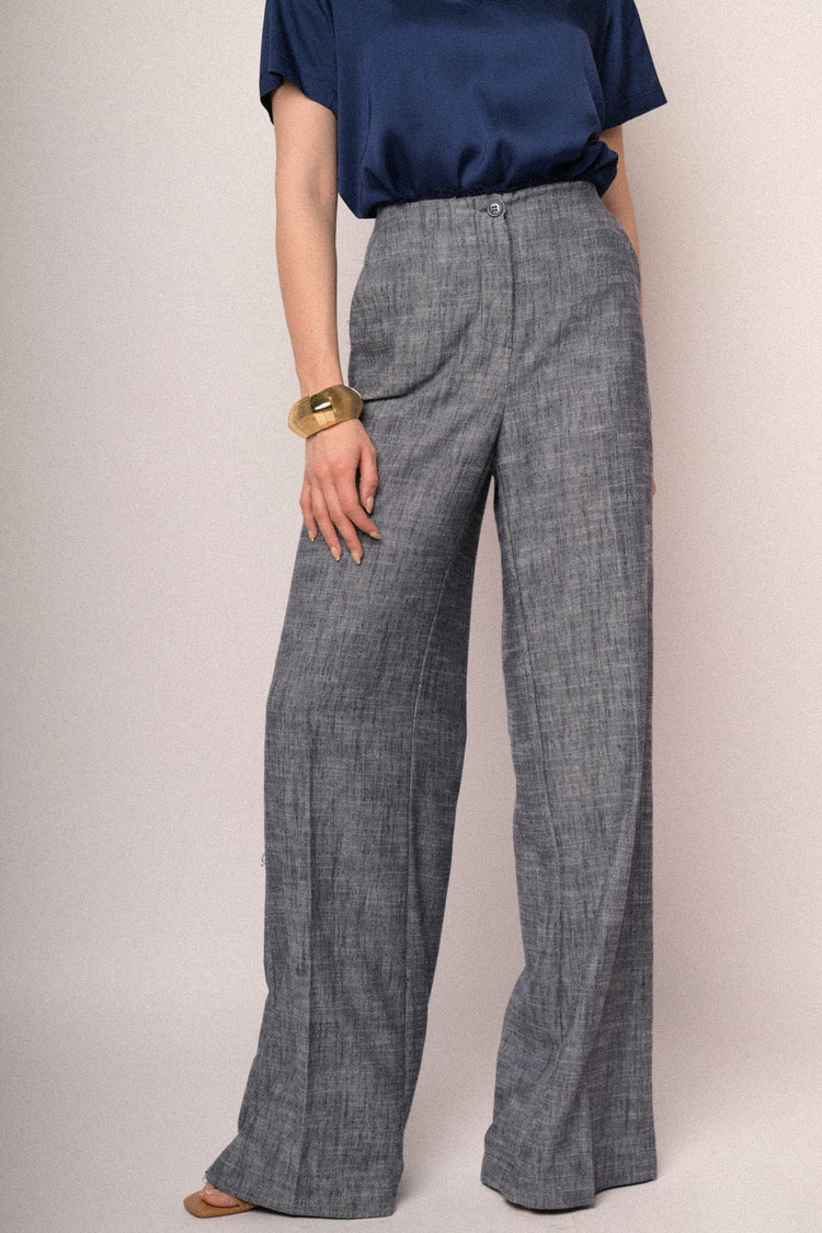 Pantaloni palazzo con vita sfrangiata blu mélange