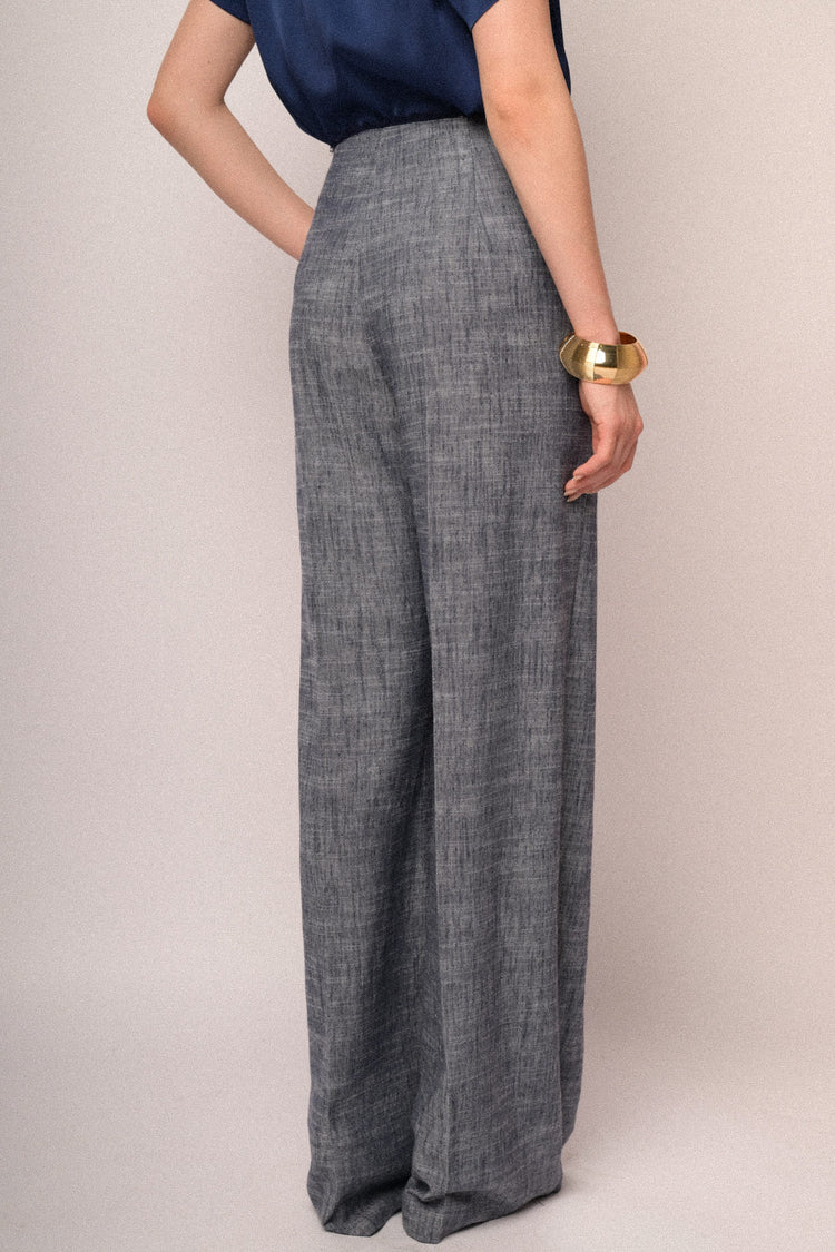 Pantaloni palazzo con vita sfrangiata blu mélange