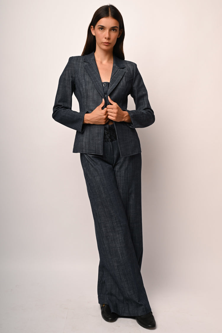 Pantaloni effetto denim con decorazioni in pizzo