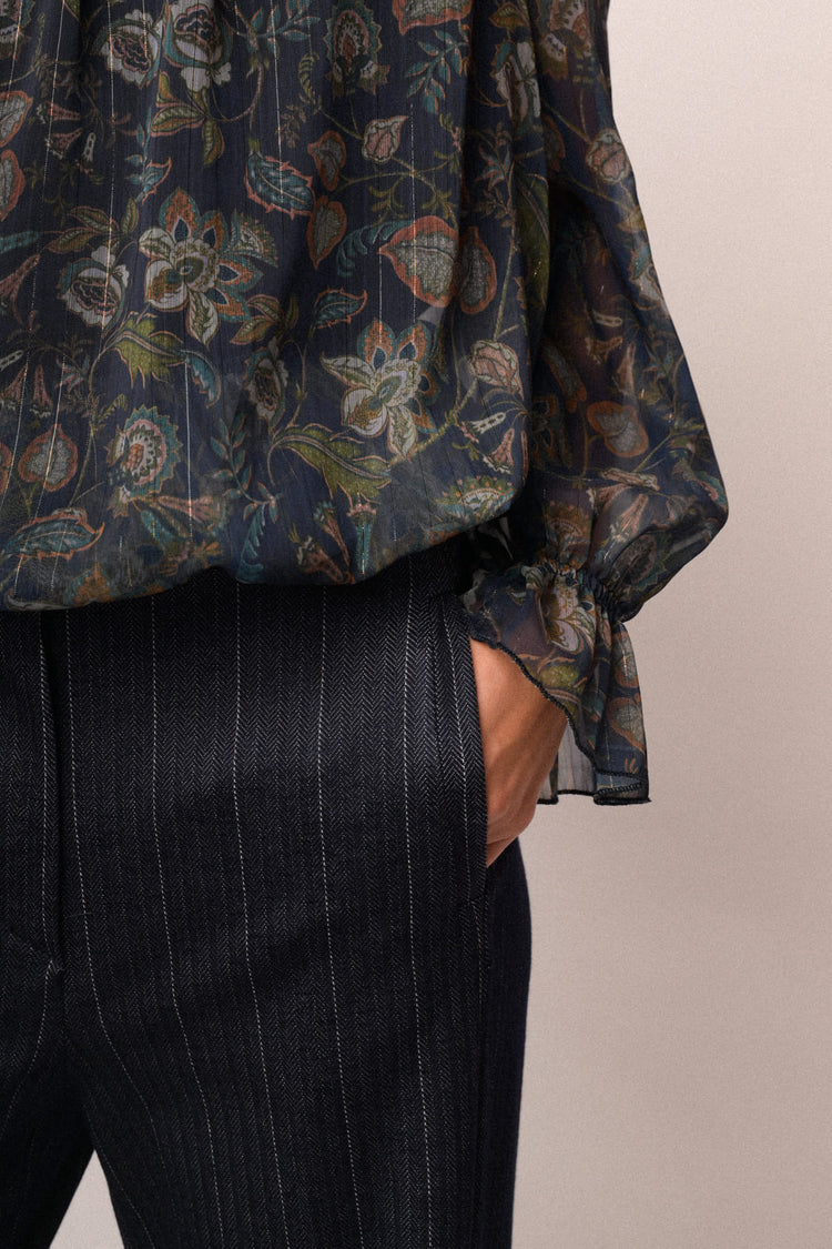 Pantaloni palazzo misto viscosa blu gessata