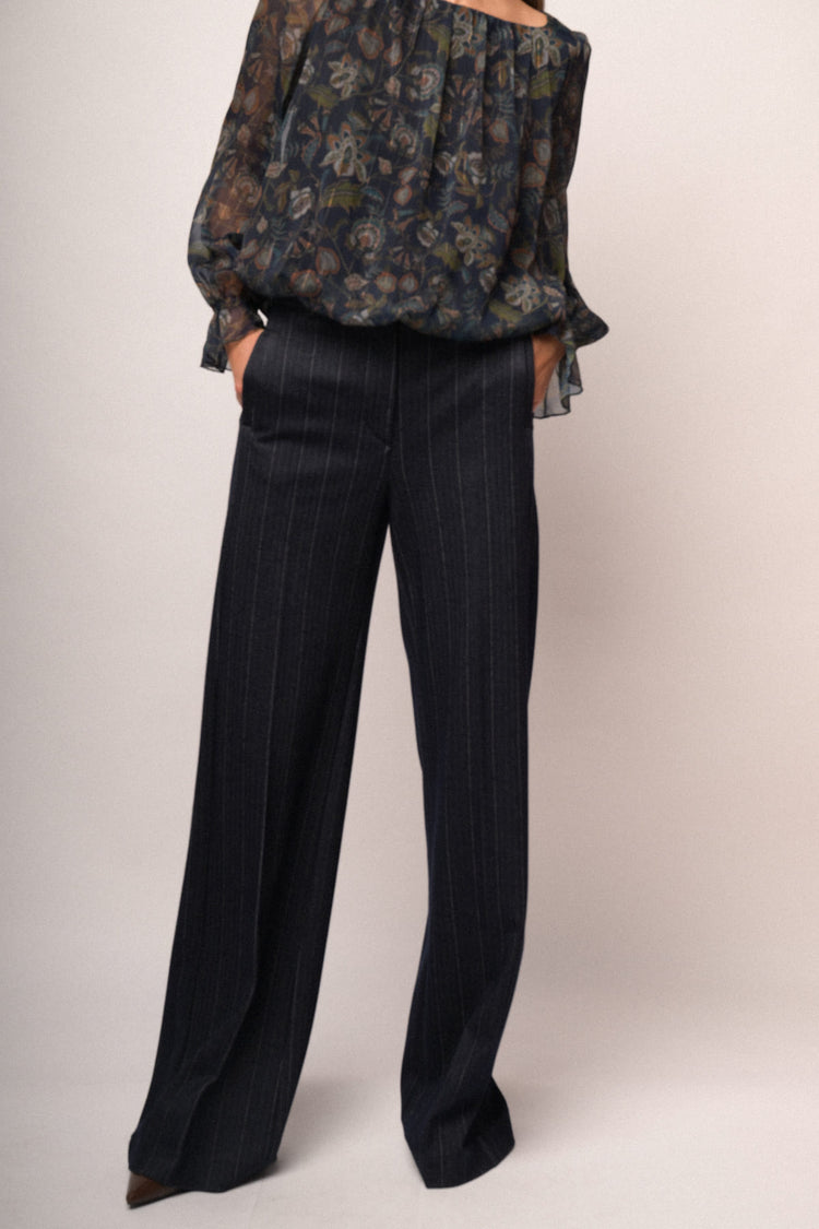 Pantaloni palazzo misto viscosa blu gessata