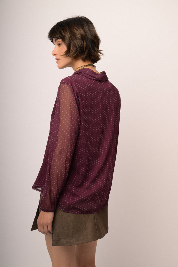 Blusa in tulle bordeaux a stampa con nastro