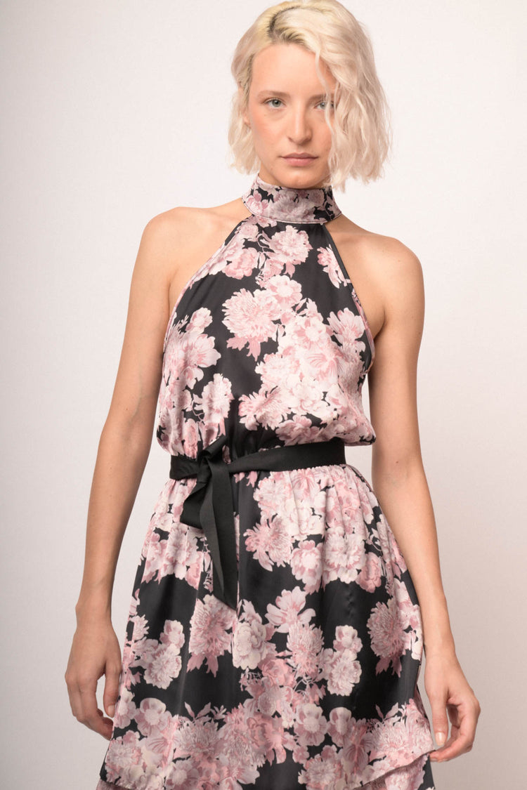 Mini abito halter con stampa floreale rosa/nero