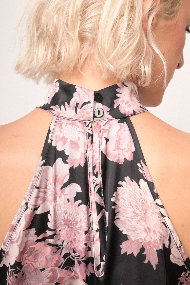Mini abito halter con stampa floreale rosa/nero