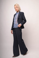 Pantaloni a gamba ampia misto cotone blu gessato