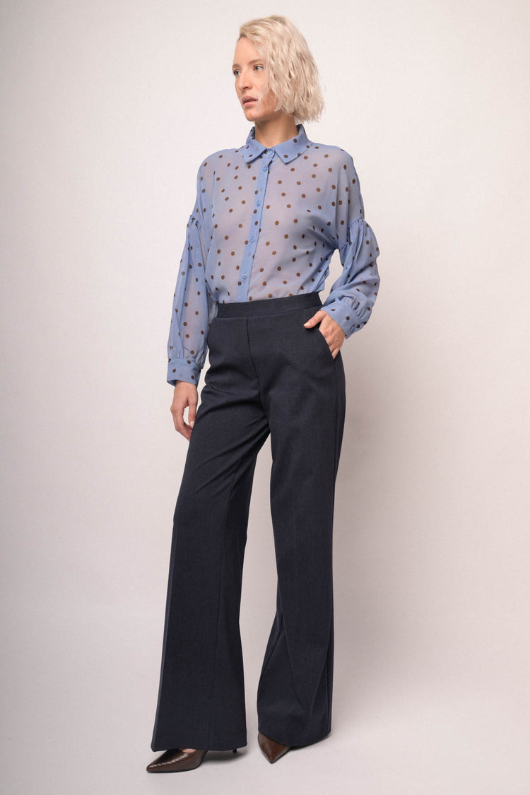 Pantaloni a gamba ampia misto cotone blu gessato