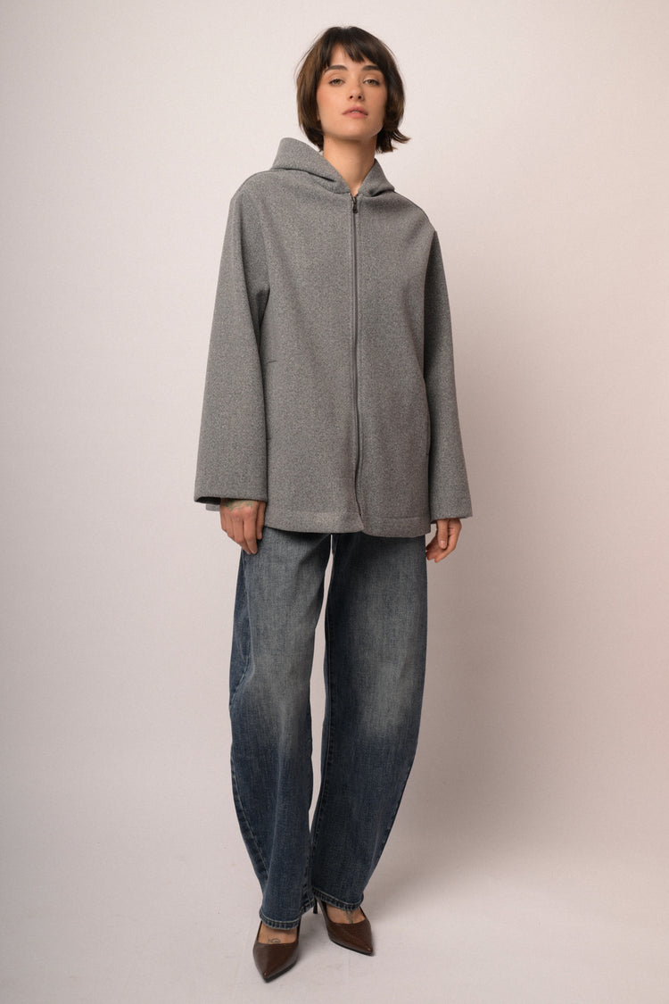 Cappotto corto con zip e cappuccio grigio
