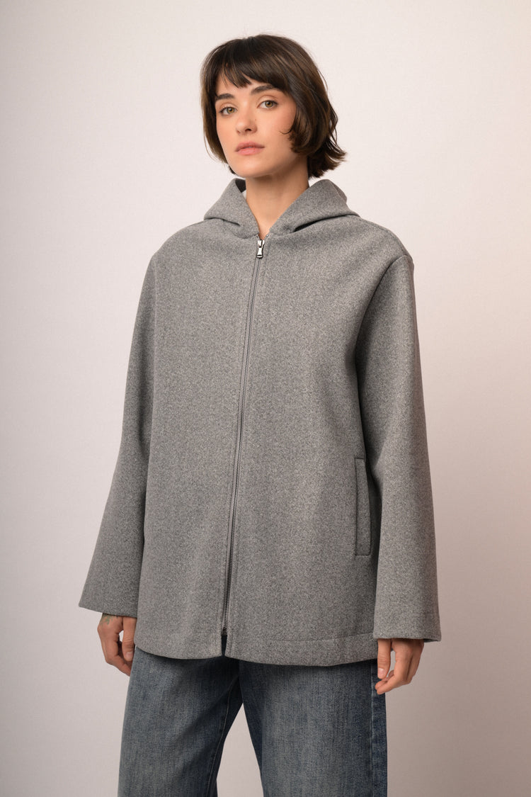 Cappotto corto con zip e cappuccio grigio