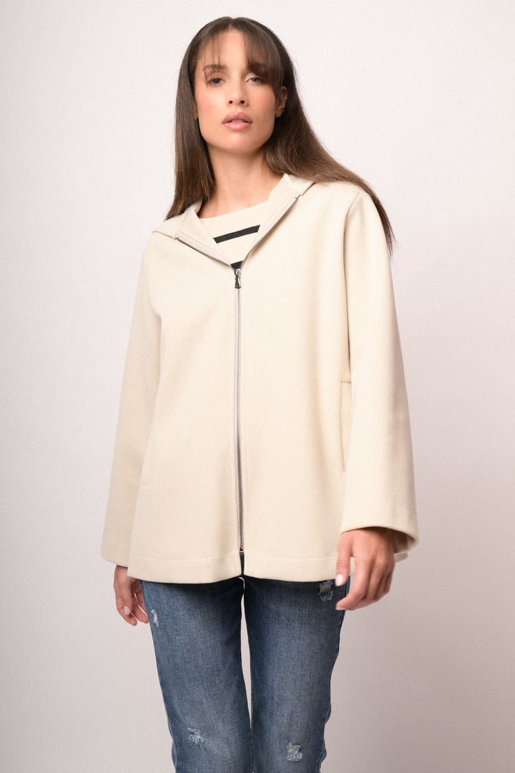 Cappotto corto con zip e cappuccio avorio
