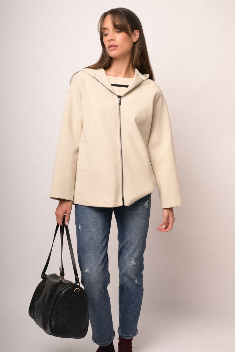 Cappotto corto con zip e cappuccio avorio