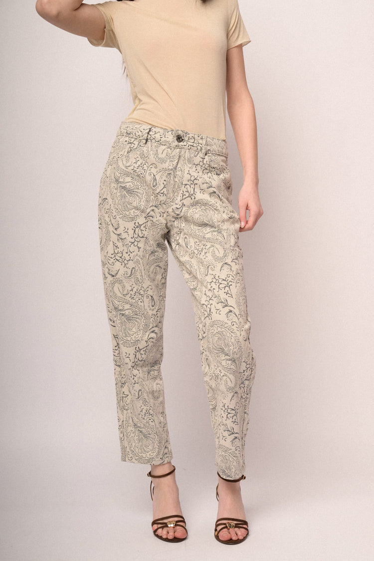Jeans barrel-leg a stampa Paisley avorio