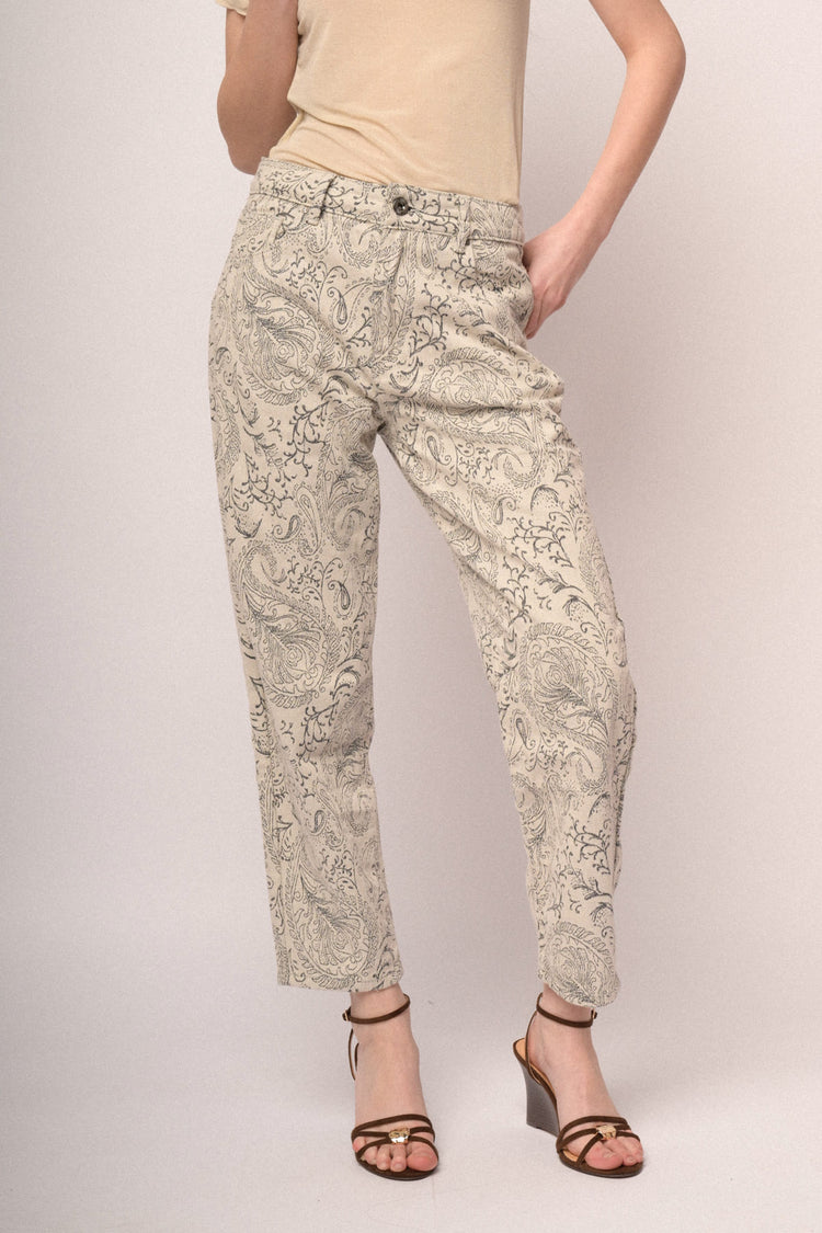 Jeans barrel-leg a stampa Paisley avorio