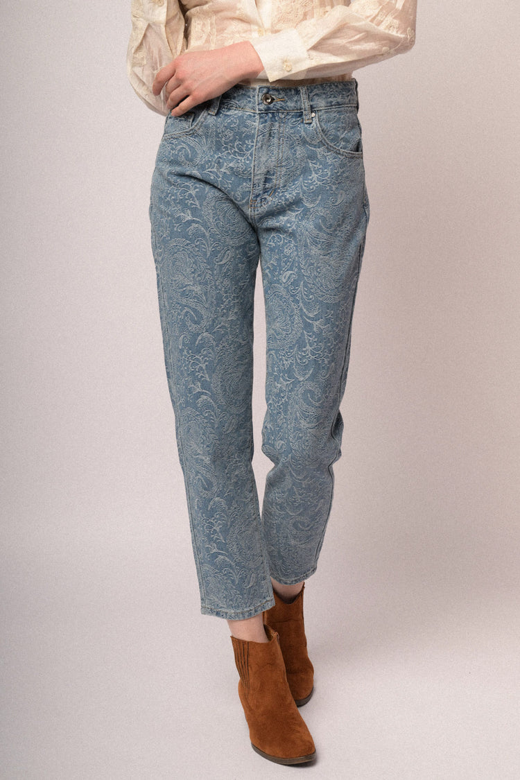 Jeans barrel-leg con motivo paisley azzurro