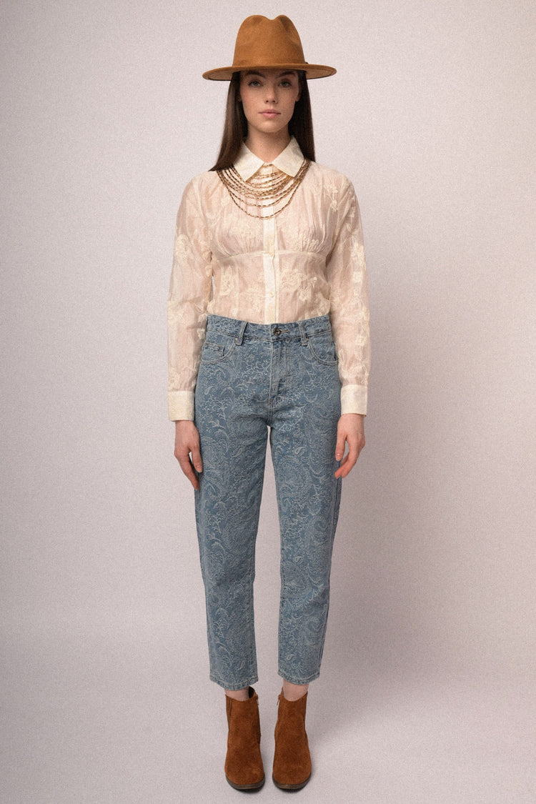 Jeans barrel-leg con motivo paisley azzurro