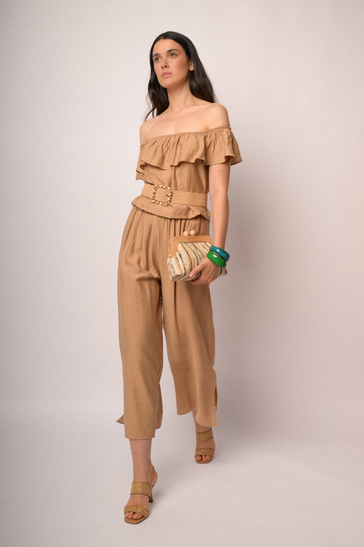 Pantaloni cropped cammello con spacco