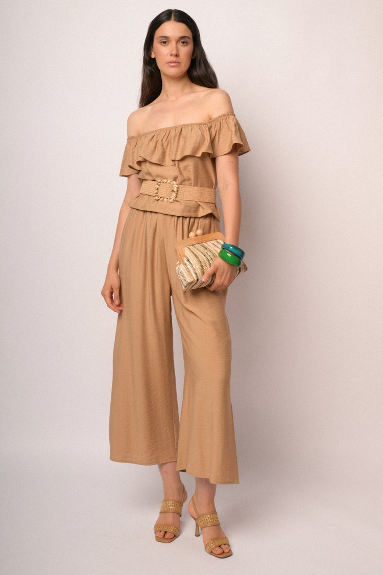 Pantaloni cropped cammello con spacco
