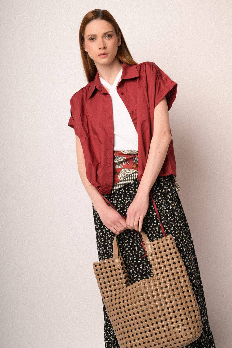 Camicia boxy-fit in cotone bordeaux con coulisse