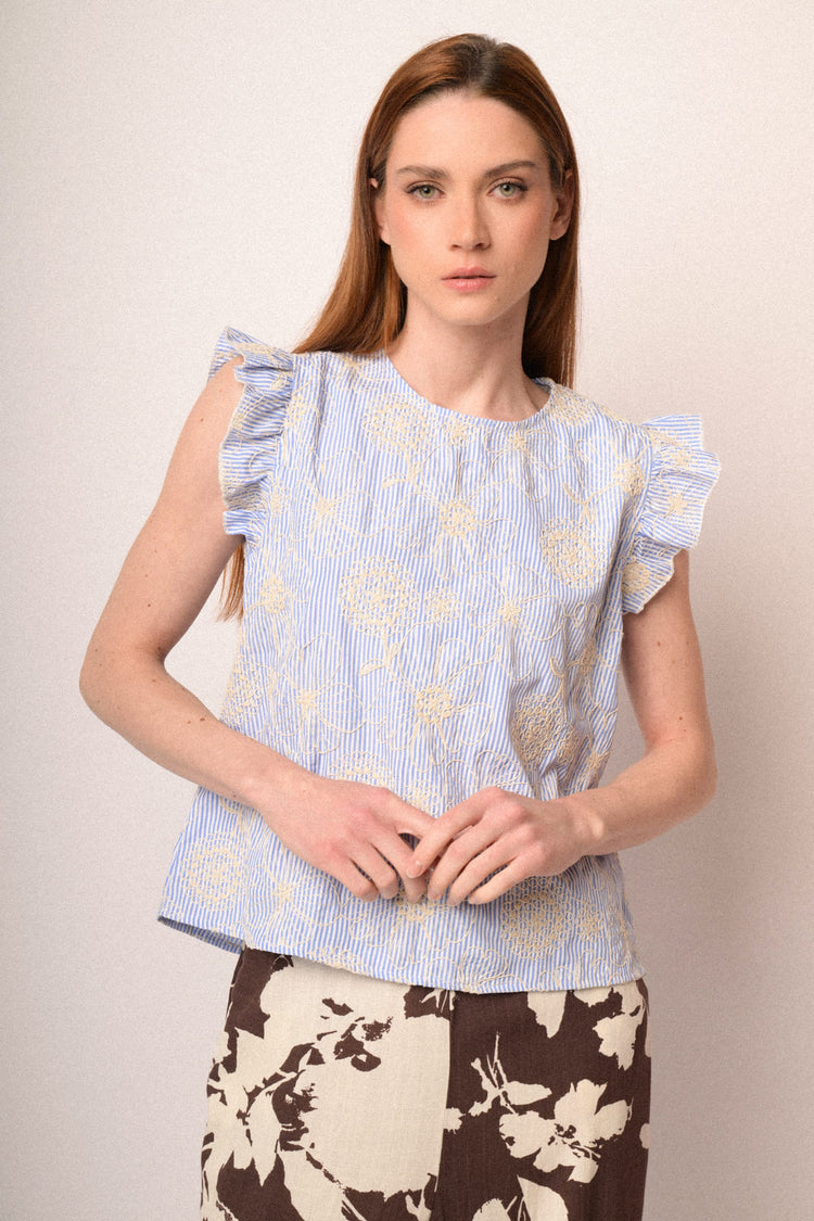 Top a righe azzurro con ricami floreali