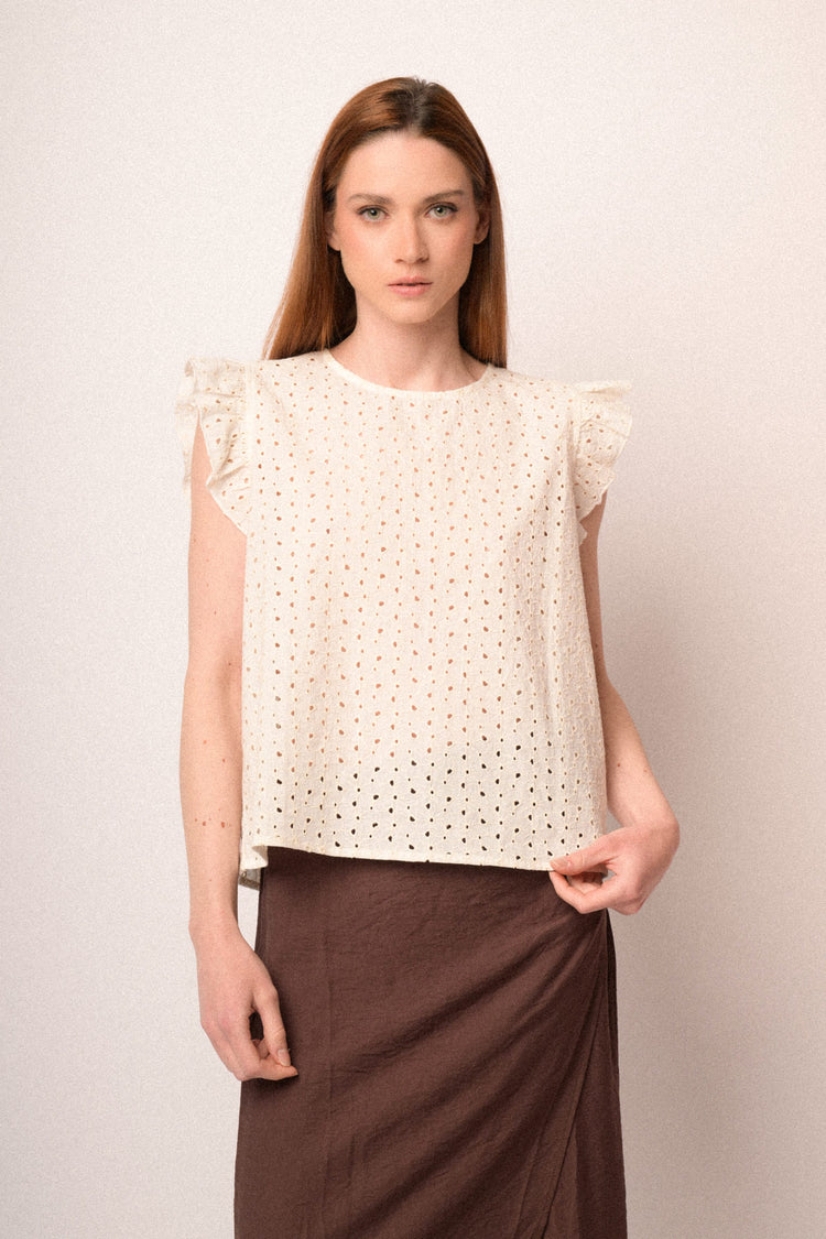 Top in sangallo con maniche ad aletta beige