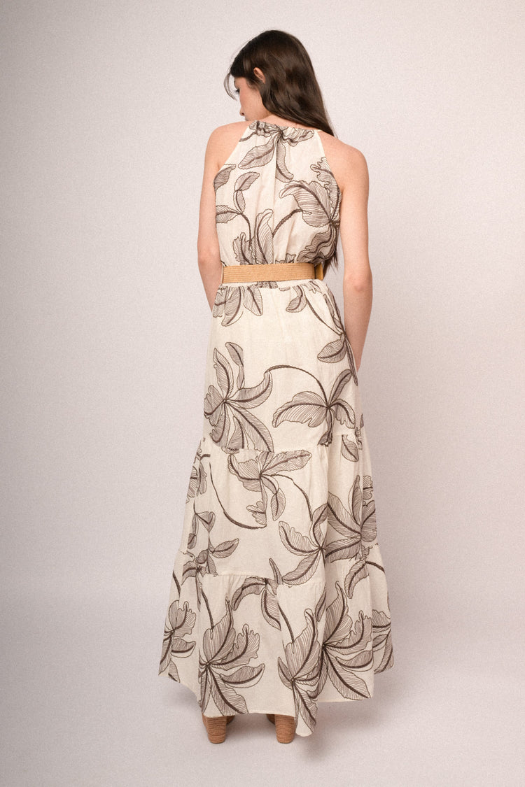 Abito lungo con ricamo motivo palme beige