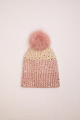 Berretto color-block con paillettes e pompon