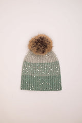 Berretto color-block con paillettes e pompon