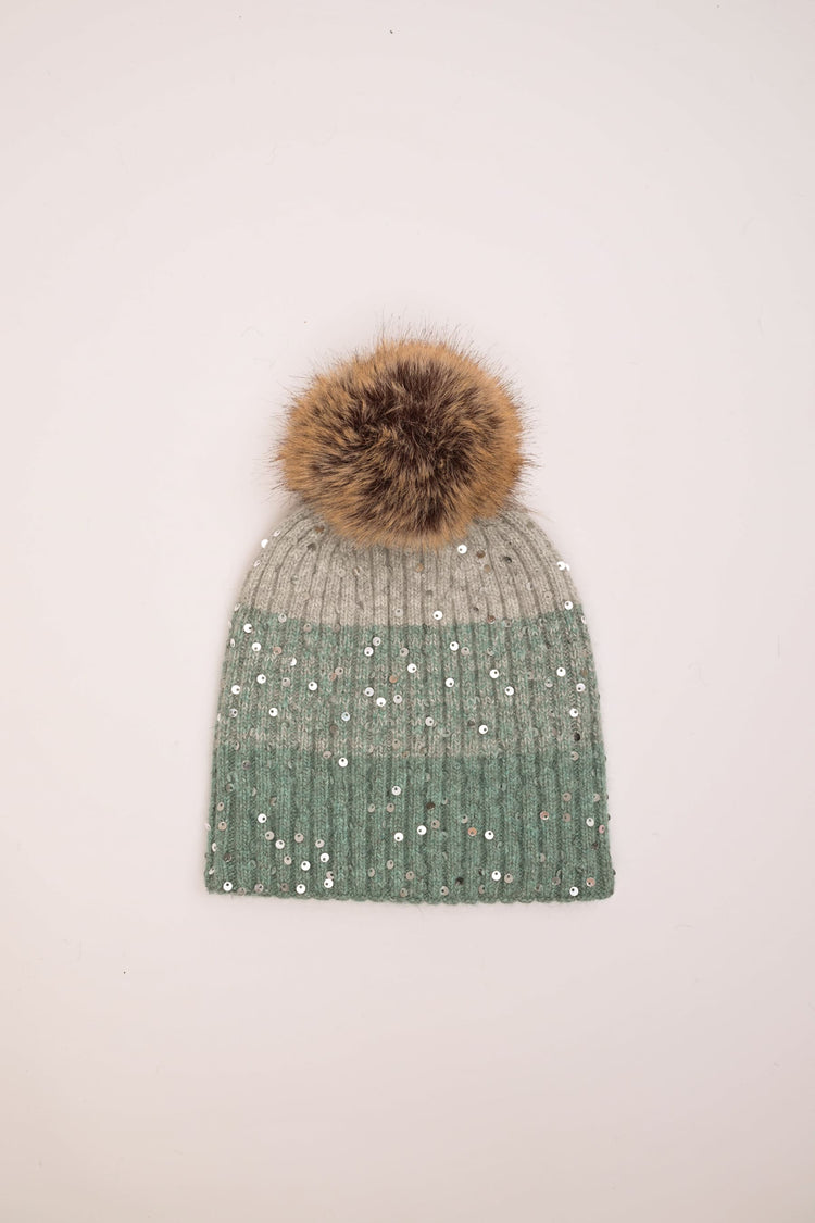 Berretto color-block con paillettes e pompon