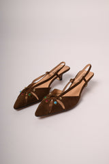 Slingback in faux suede ebano con pietre multicolor