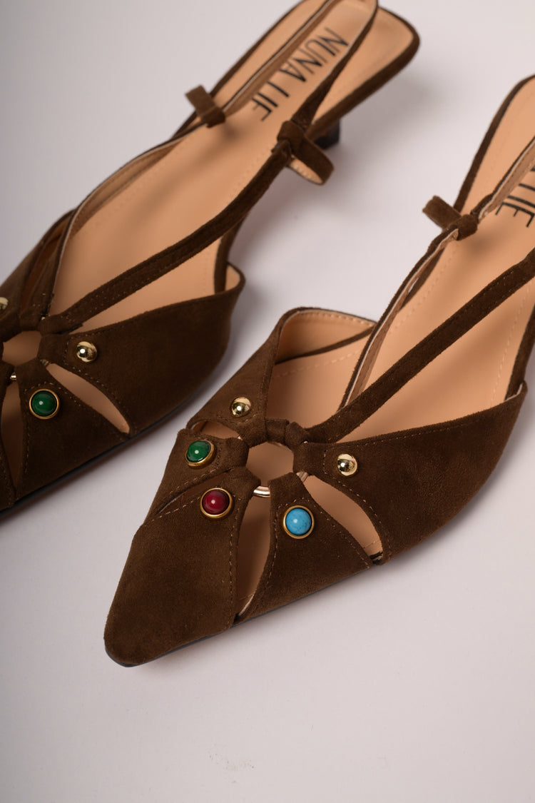 Slingback in faux suede ebano con pietre multicolor
