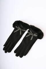 Guanti con bordo in faux fur e fiocco