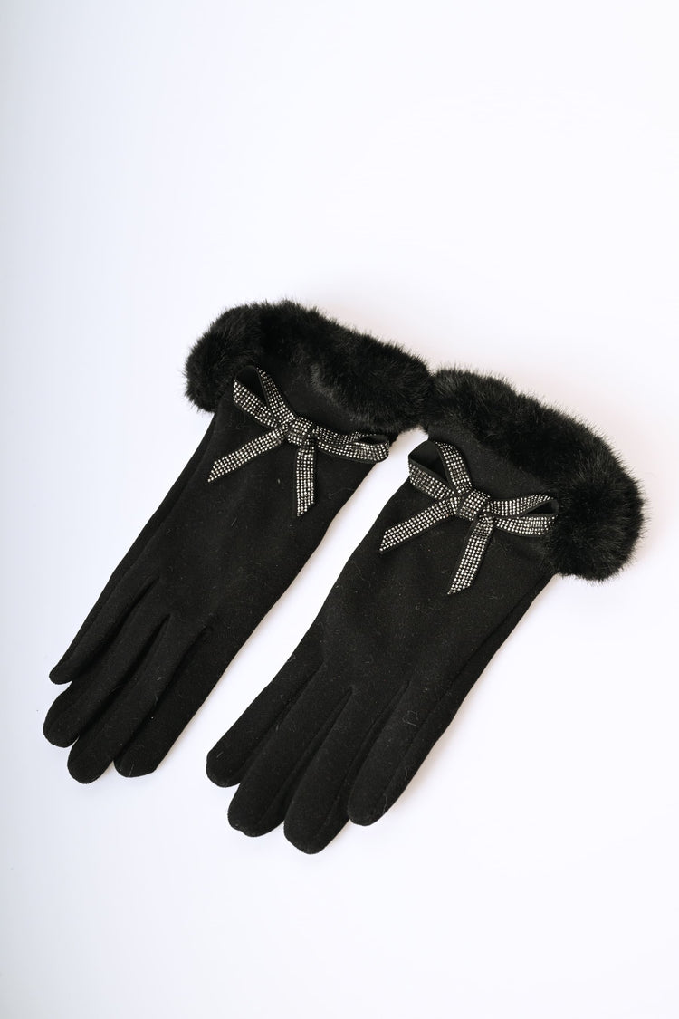 Guanti con bordo in faux fur e fiocco