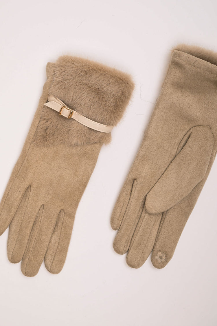 Guanti beige con similpelliccia e fibbia