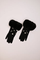 Guanti con polsini in faux fur e strass