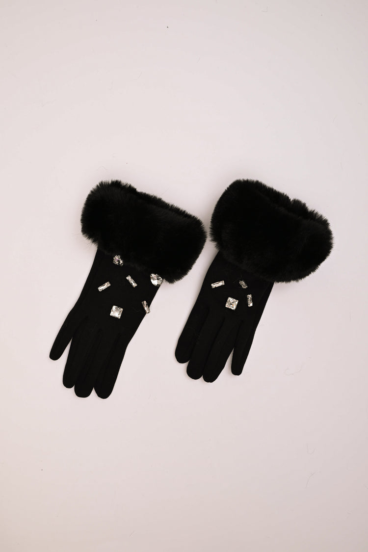 Guanti con polsini in faux fur e strass