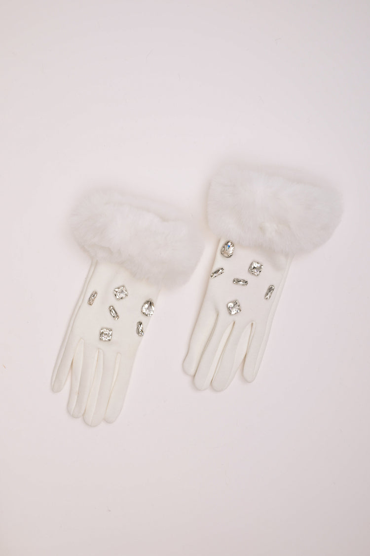 Guanti con polsini in faux fur e strass