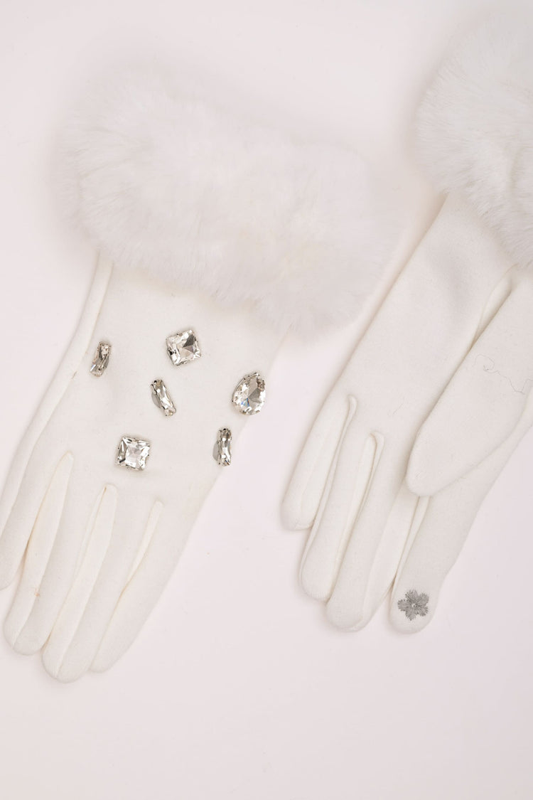 Guanti con polsini in faux fur e strass