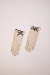 Guanti beige con fiocco pied de poule