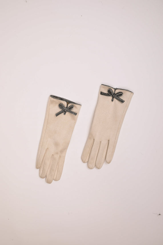 Guanti beige con fiocco pied de poule