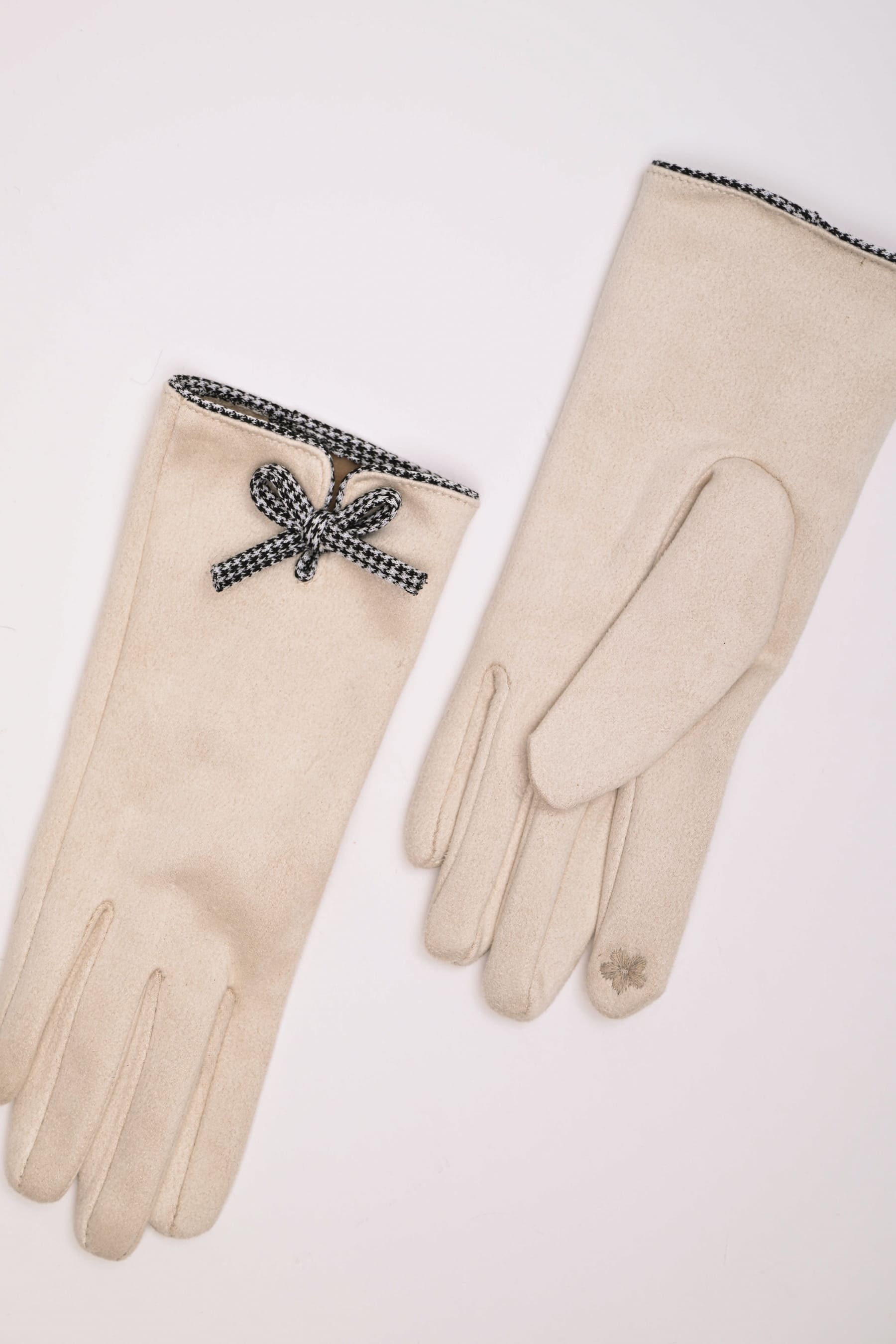 Guanti beige con fiocco pied de poule