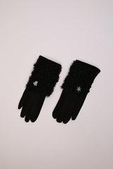 Guanti con decorazione in shearling + spilla