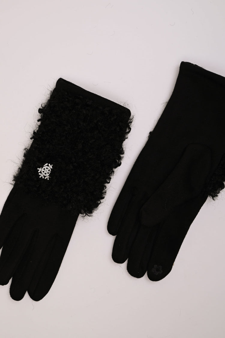 Guanti con decorazione in shearling + spilla