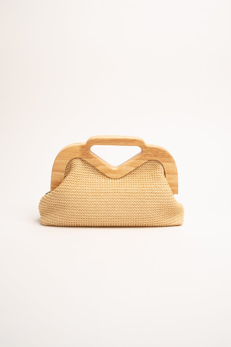 Borsa clutch multicolor con paillettes e manico in legno