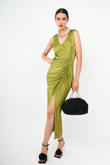 Abito midi arricciato con spacco
