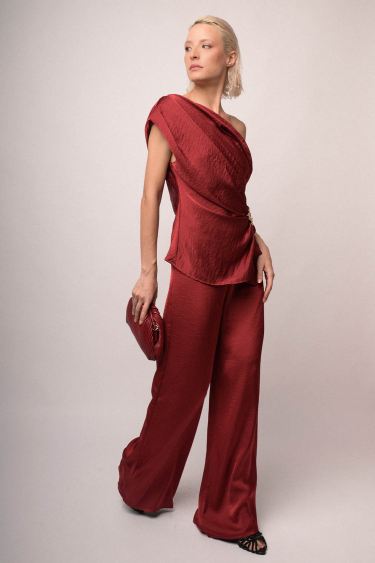 Pantaloni palazzo in raso bordeaux