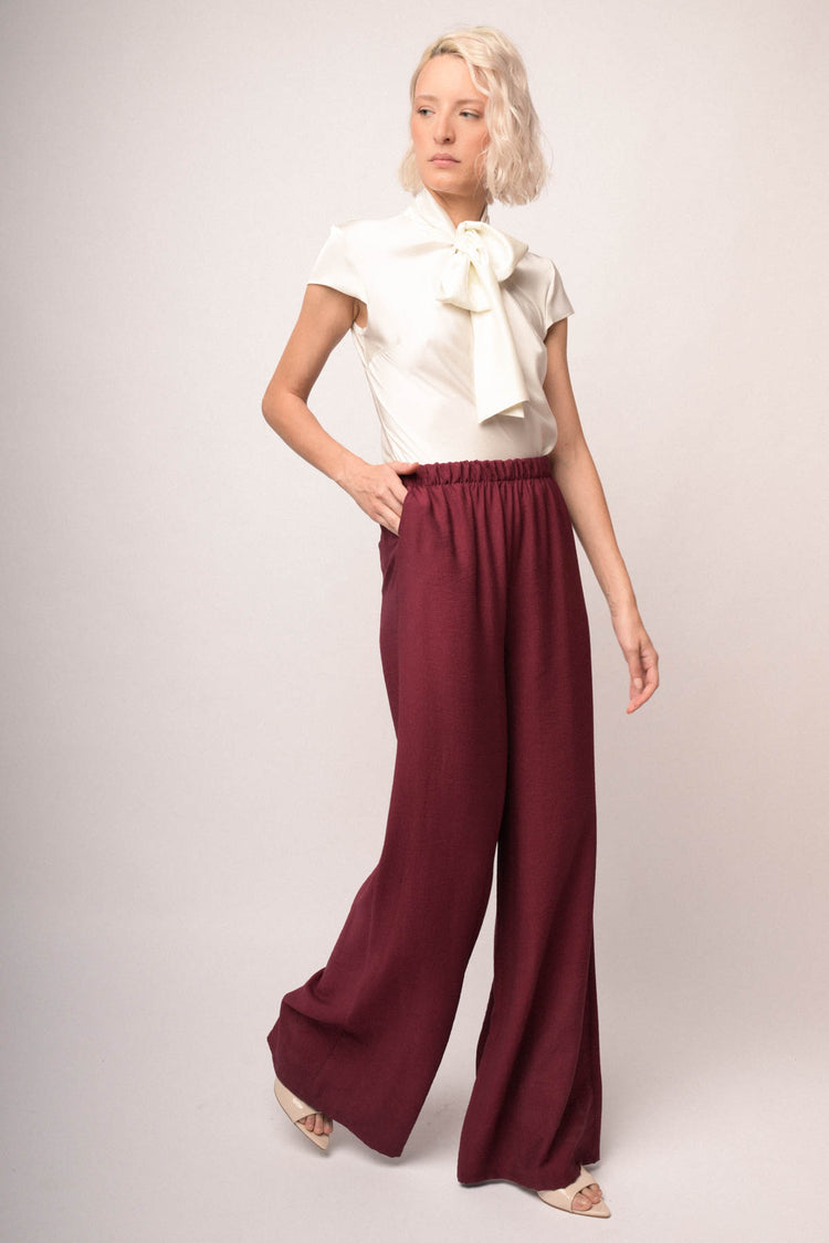 Pantaloni palazzo misto viscosa bordeaux
