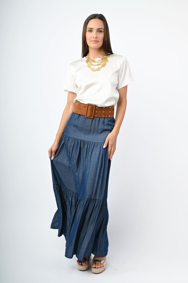 Gonna lunga a balze effetto denim