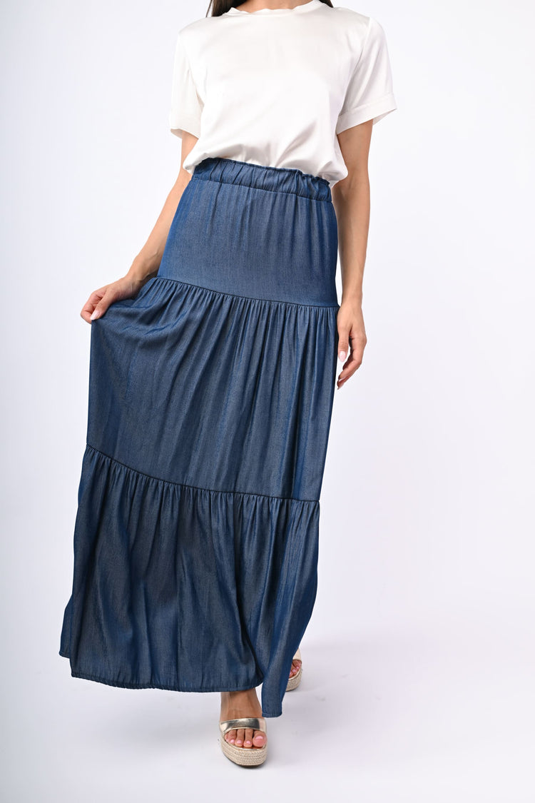 Gonna lunga a balze effetto denim