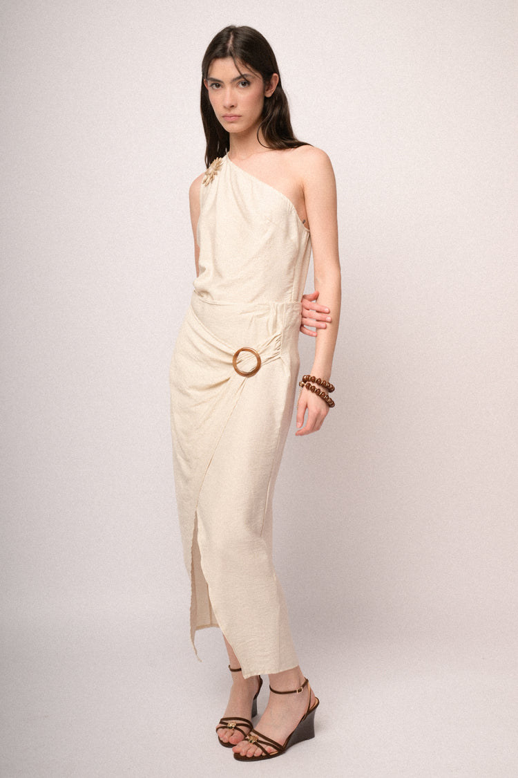 Gonna midi a portafoglio con fibbia beige