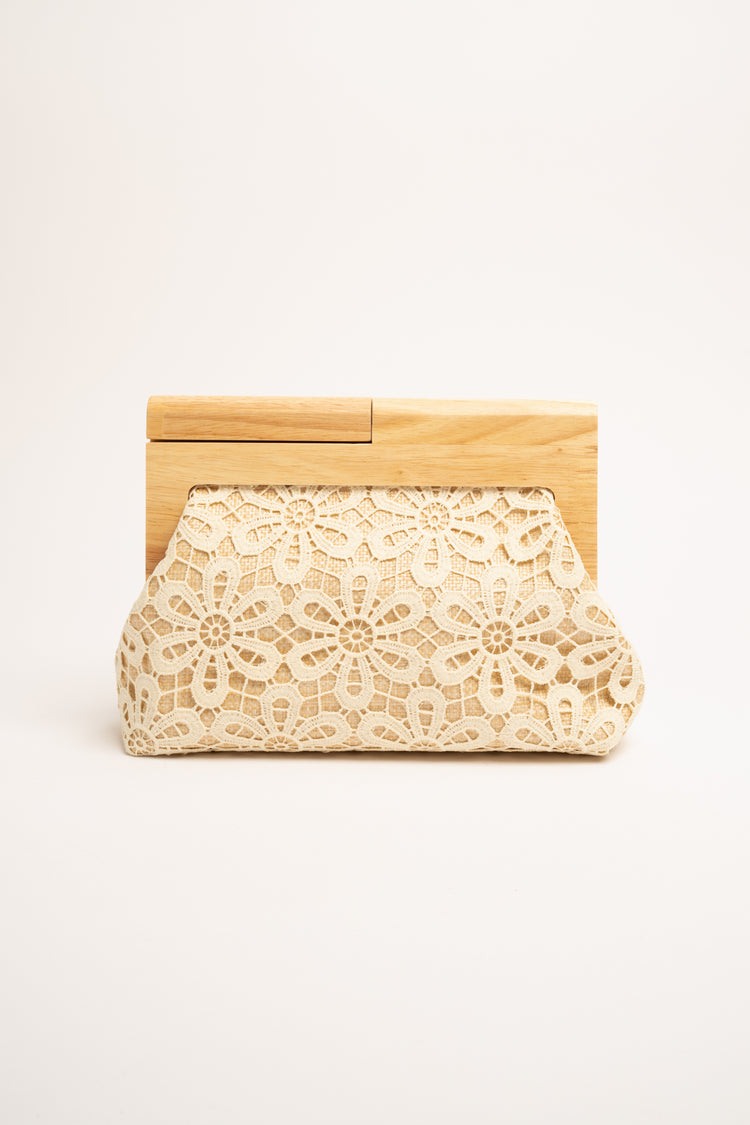 Pochette in legno e pizzo beige