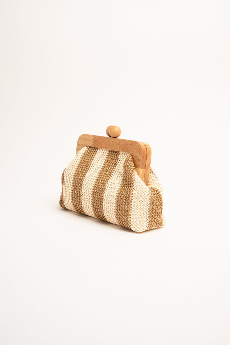 Pochette in legno e rafia a righe beige